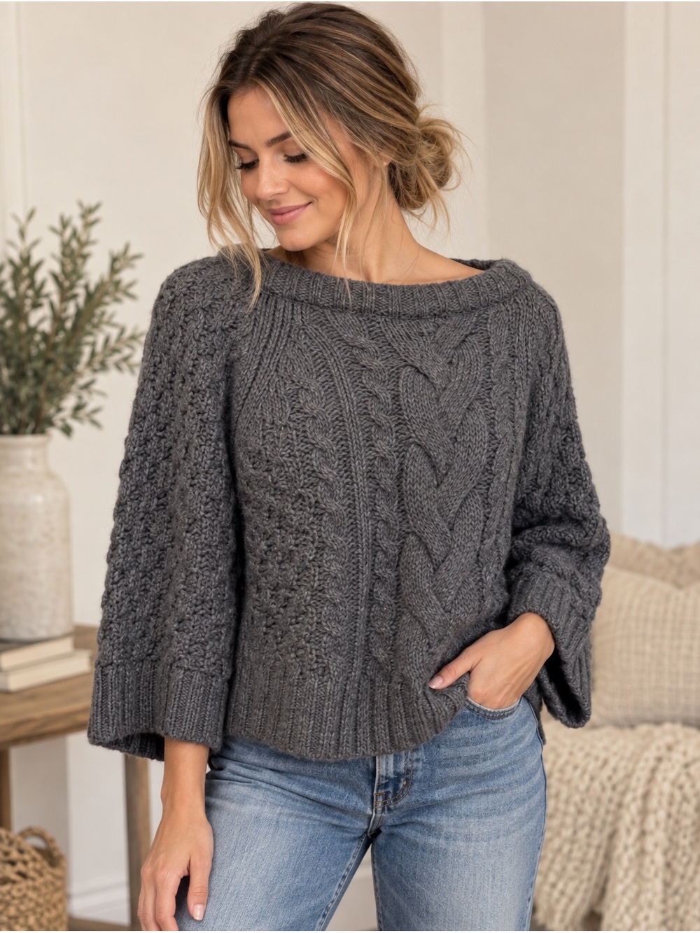 Banana Republic Mock Neck Italian Yarn Knit Cropped Sweater Fisherman Knit